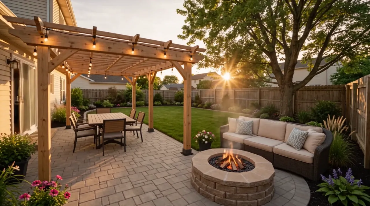 After: the same backyard with a paver terrace, timber pergola over a dining table, a stone fire pit, outdoor sofa, planted beds and a green lawn.