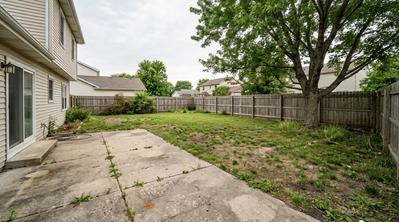 An underused suburban backyard: a cracked concrete slab beside the house, patchy lawn, a wooden privacy fence and one large tree.