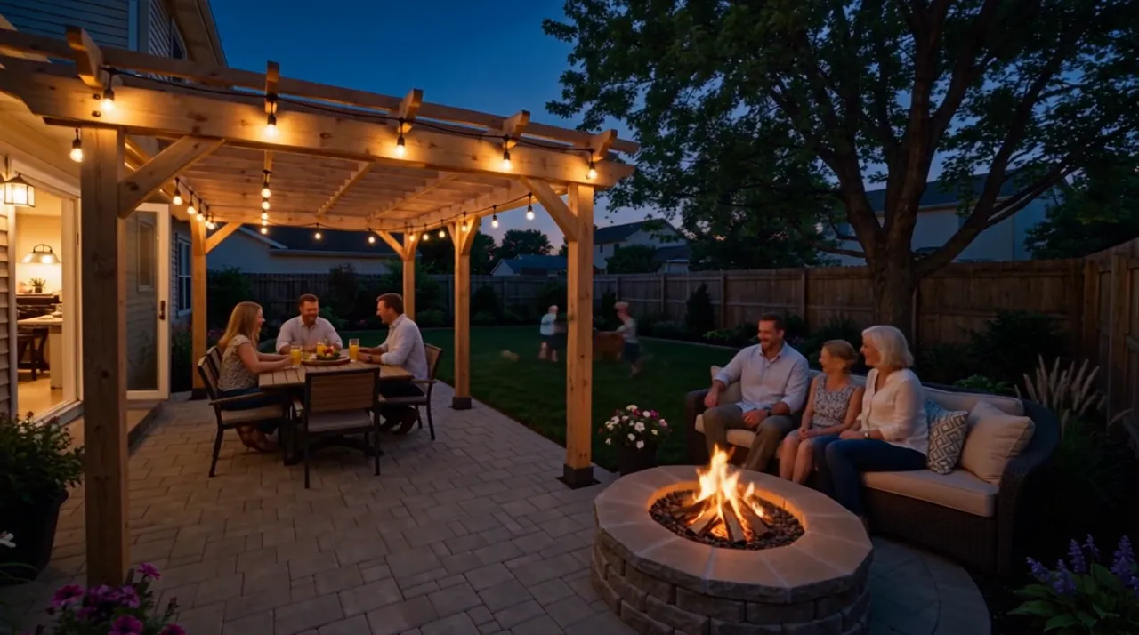 The finished backyard after dark: people eating under a lit pergola while others sit together by the fire pit.