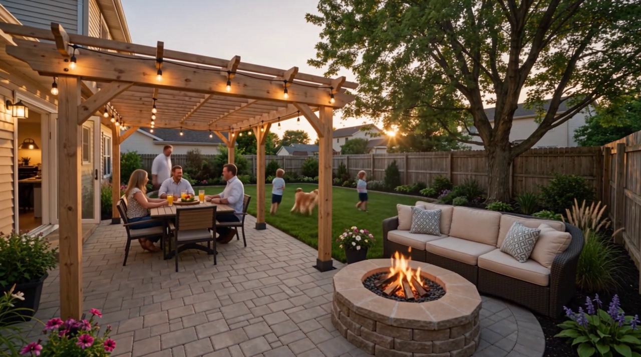 A finished backyard at dusk: a family eating under a timber pergola with string lights, children and a dog playing on the lawn, and a stone fire pit beside an outdoor sofa.
