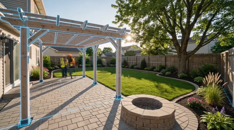 A finished stone fire pit, new lawn and planted beds, with the dining area being set out under the pergola.