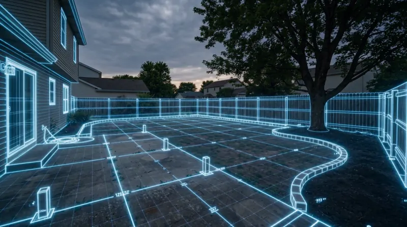The existing yard with a digital layout drawn over it: patio grid, curved bed edges and wall outlines in thin blue lines.