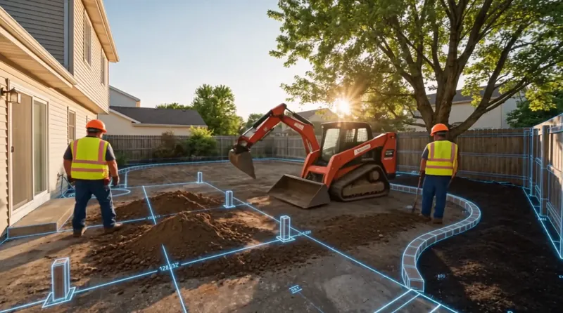 A compact excavator removing the old slab and grading soil in the backyard.