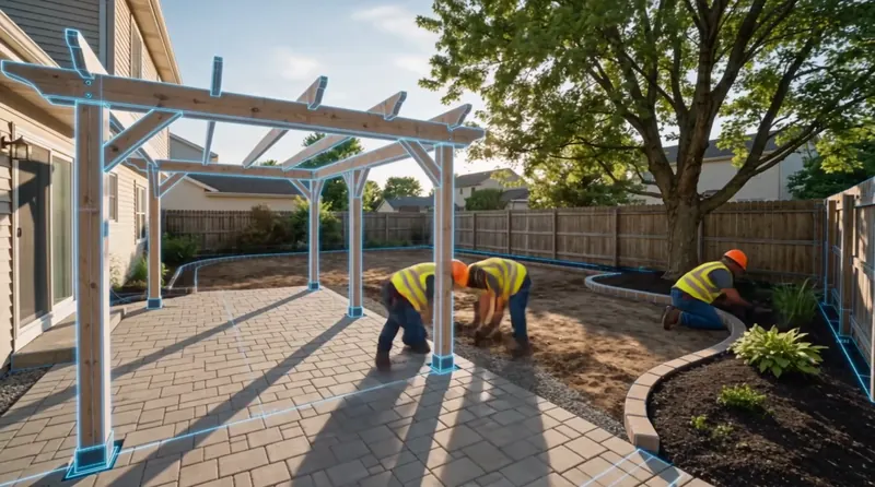 Pergola posts and beams rising over the new patio while planting beds are filled.
