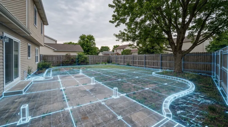 Layout lines marked out over the old slab and lawn.